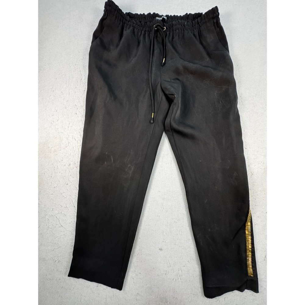Express Ankle Pants Womens Medium Black High Rise Beaded Drawstring Straight Leg